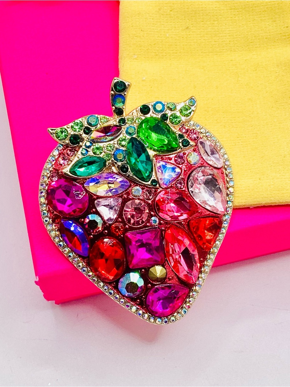 Boutique Colorful Crystal Strawberry Brooch — CZ crystals
